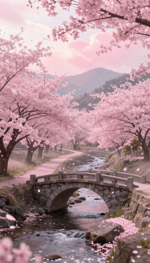 童话世界素材：梦幻粉红樱花古桥唯美风景