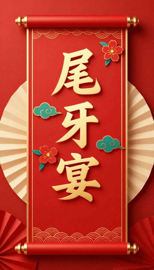 金色立体字素材：金红喜庆中国风尾牙宴卷轴海报