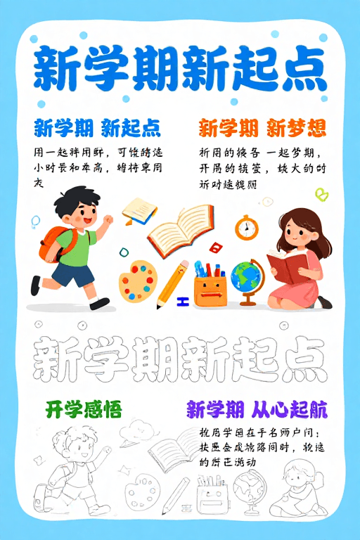 校园主题素材：童趣手绘开学海报：新学期新起点