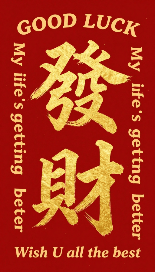 中英结合素材：金色“發財”书法艺术：中国风与英文祝福的创意融合
