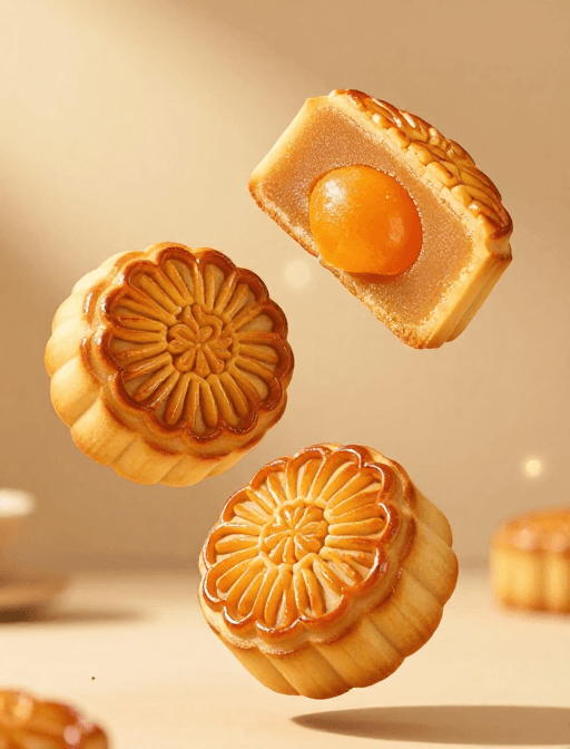 产品摄影素材：流心蛋黄月饼特写：中秋佳节美味呈现