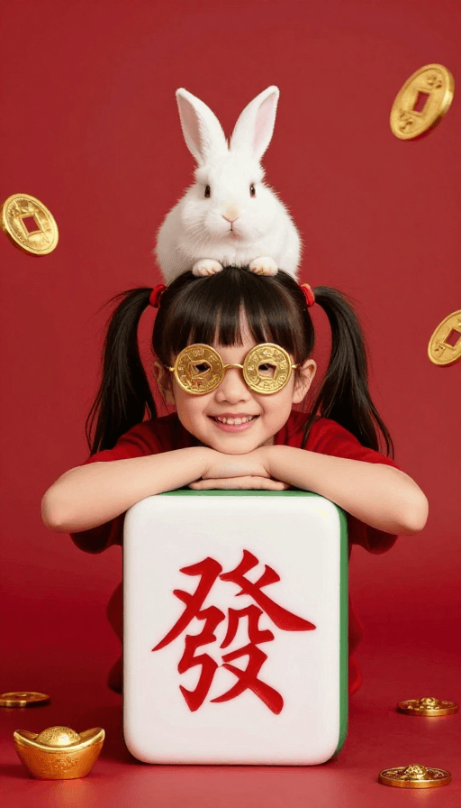 财富元素素材：金兔抱福发麻将：喜庆招财插画
