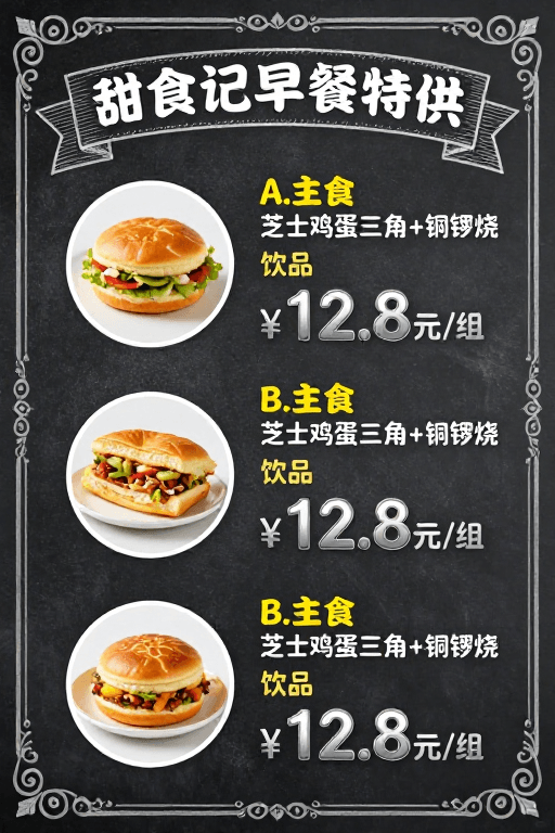 套餐展示素材：黑板复古早餐菜单海报：甜食记特供套餐展示