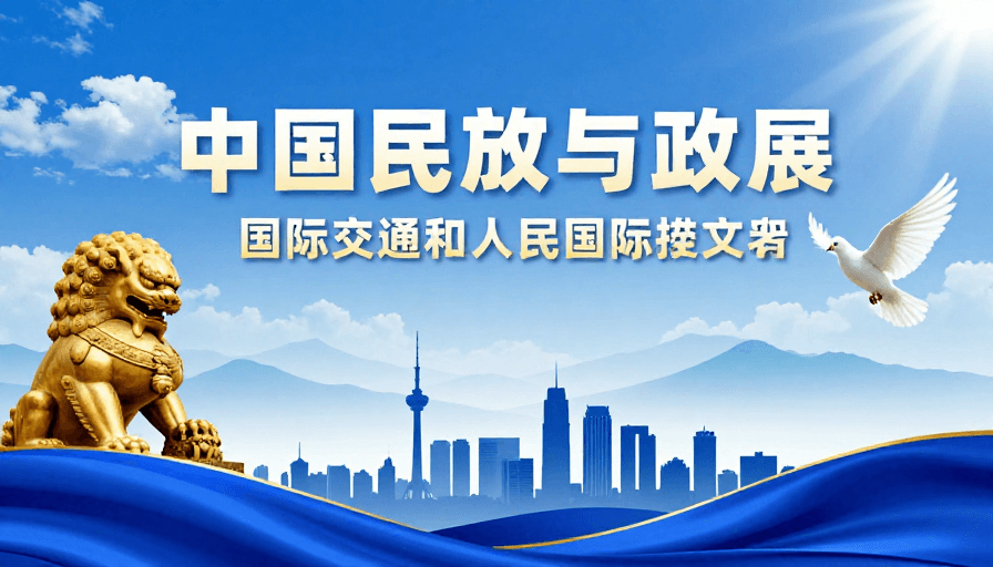 现代中国风素材：蓝金辉映：传统与现代交融的庄严都市庆典海报