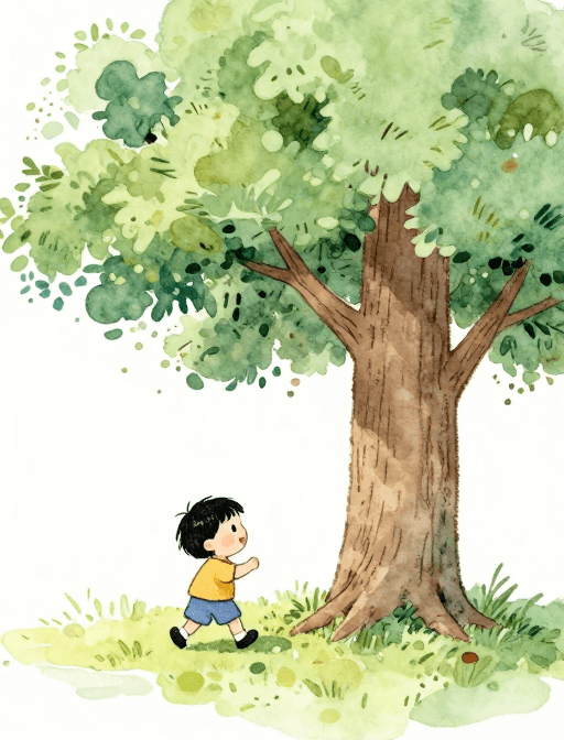 可爱儿童素材：童趣水彩插画：简笔小孩与苍老巨树下的嬉戏时光