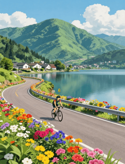 骑行体验素材：宫崎骏风骑行：花海公路与青山湖泊的梦幻之旅