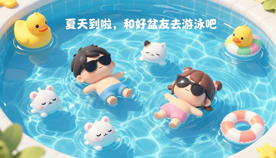 社交媒体分享素材：萌趣夏日：3D卡通泳乐时光