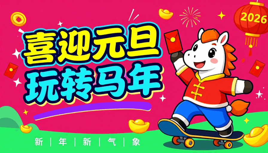 元旦庆典素材：元旦马年喜庆海报：色彩鲜明卡通跃动