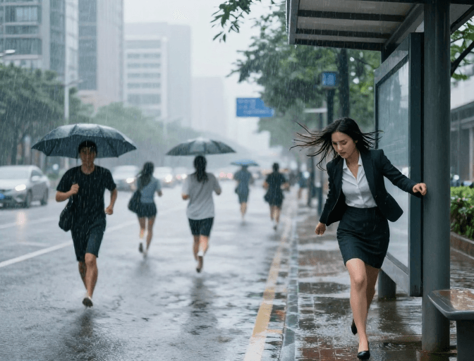 写实摄影素材：深圳暴雨突袭：街头奔跑与公交站的避风港