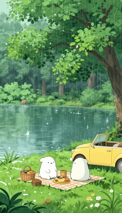 童话插画素材：治愈吉卜力风：雨天森林野餐的萌趣童话时光