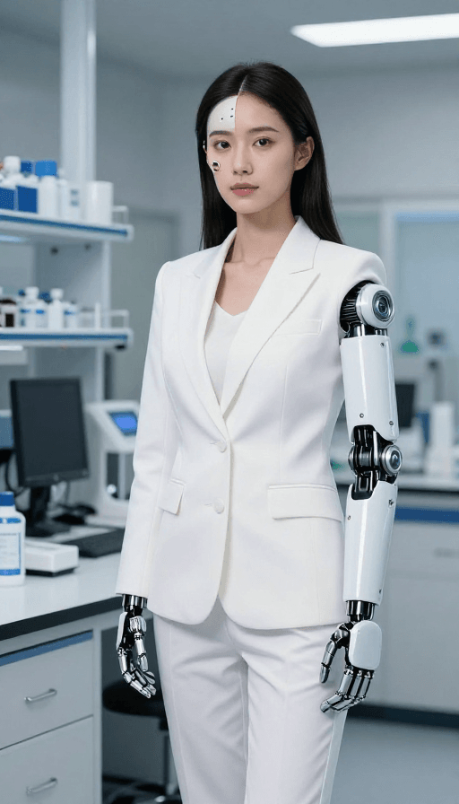 广告宣传图素材：未来医学：女性科学家融合机械与智能的实验展示