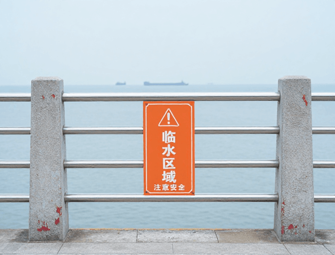 公共安全宣传素材：临水安全警示高清摄影图，冷调风格提醒公众注意