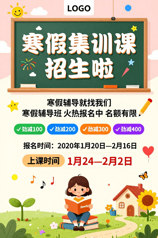 粉色背景素材：童趣寒假班：活力集训课火热招生中