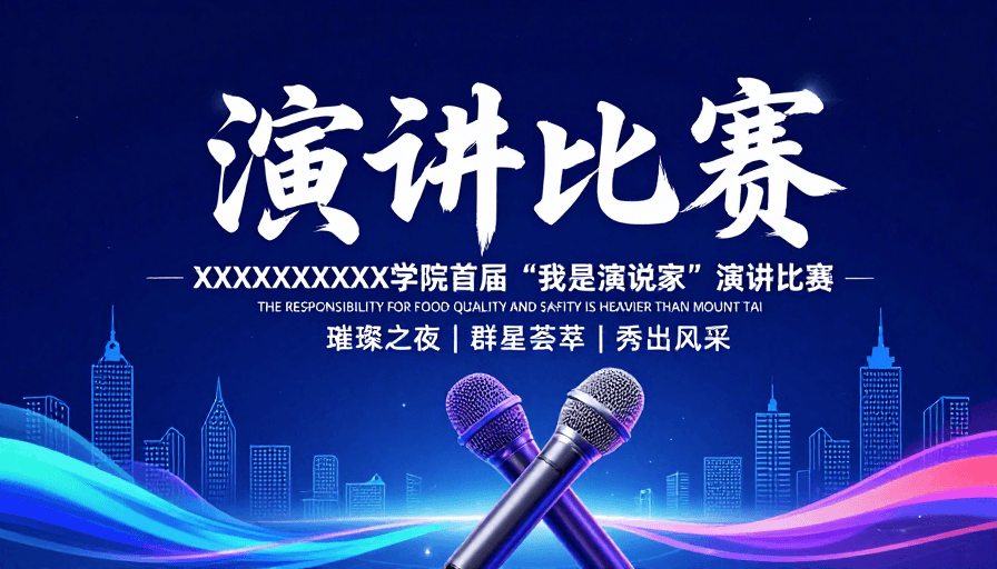蓝紫渐变素材：科技舞台·演讲风采：XX学院首届演说家大赛宣传图