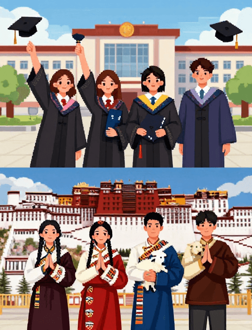毕业庆典素材：像素风毕业西藏双景插画