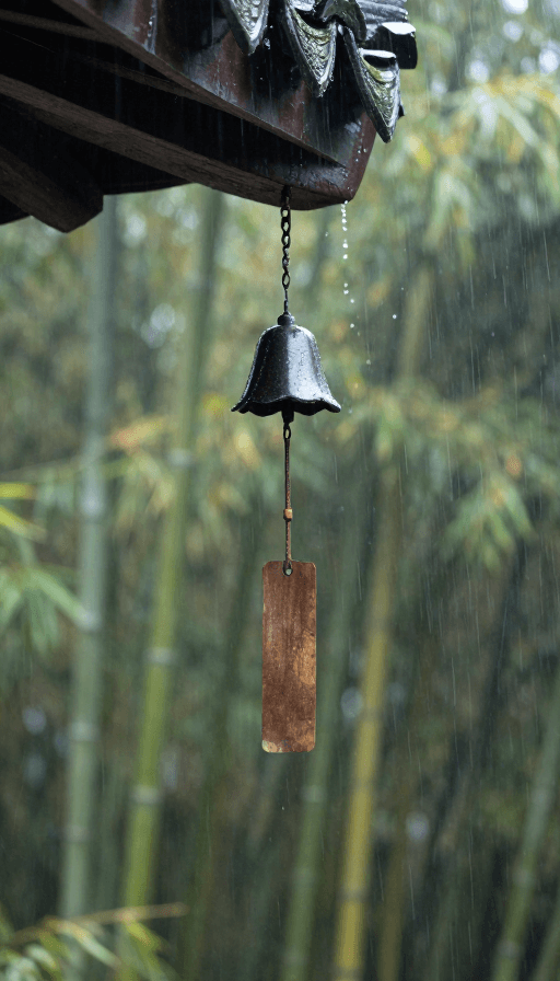 背景素材素材：雨中屋檐风铃：超清竹林静谧风景