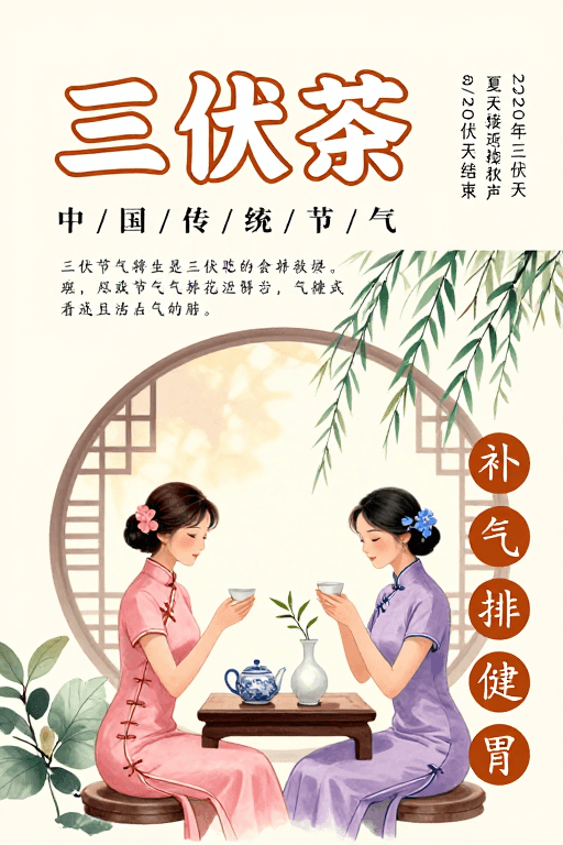 柔和色调素材：中国风三伏茶手绘海报：传统节气与柔美氛围融合