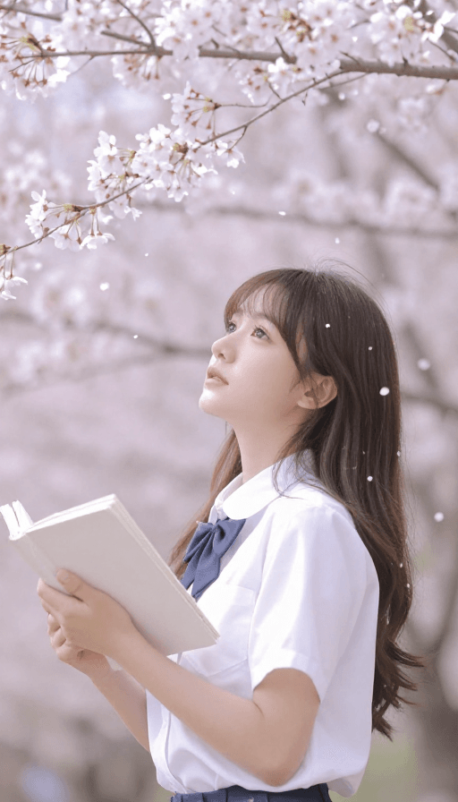 风景素材：樱花满树少女读书的春日浪漫瞬间