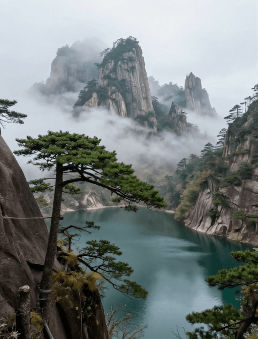 山水画素材：云雾山峦奇峻松奇清湖国风画卷