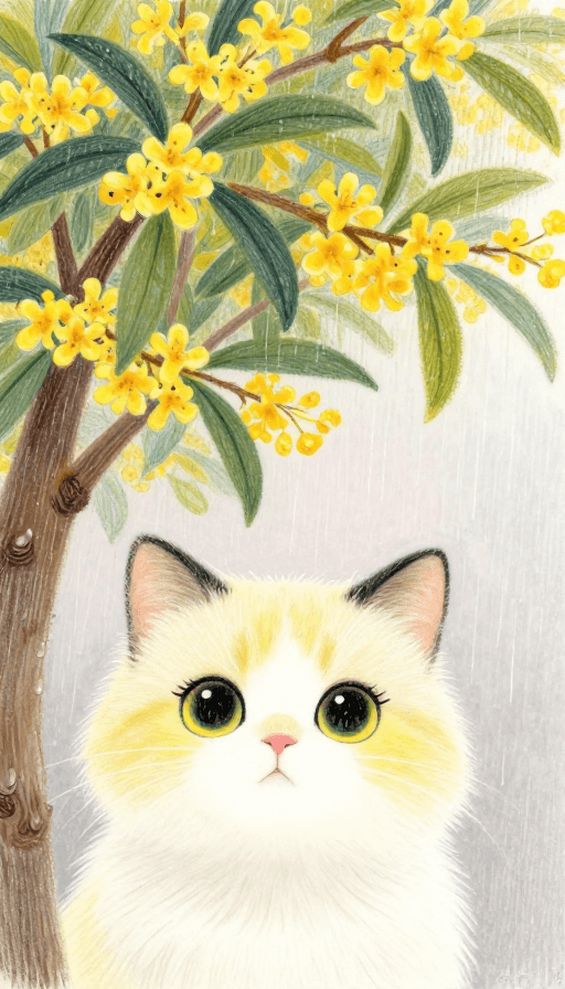 手绘艺术素材：雨日金桂下探身的萌猫蜡笔插画
