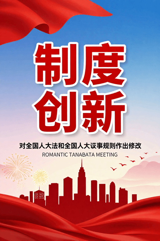政治宣传素材：制度创新政策宣导海报：庄严奋进的红色绸带与城市剪影
