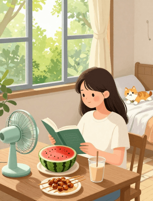 生活方式素材：午后悠闲时光：女孩与宠物共度的惬意插画