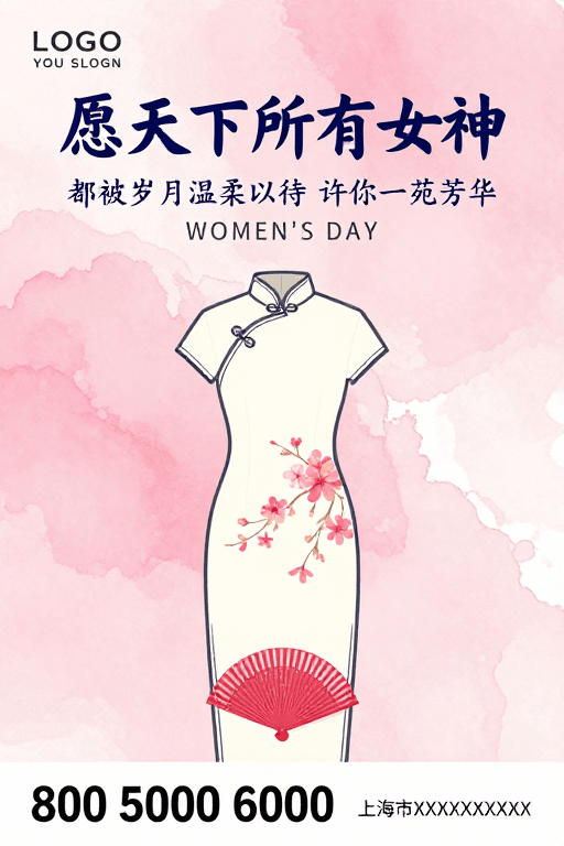 品牌海报素材：国风水墨旗袍与樱花：温柔守护女神芳华