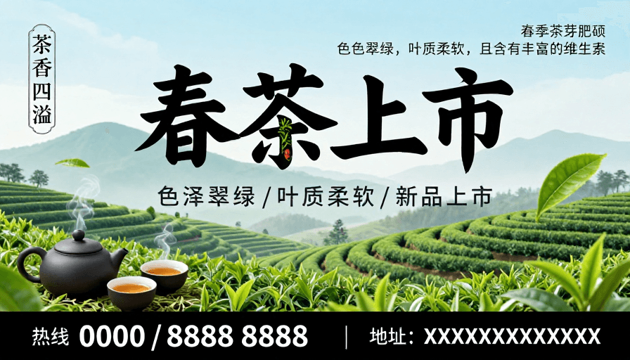水墨意境素材：春茶上市：水墨韵味与现代设计的春日画卷
