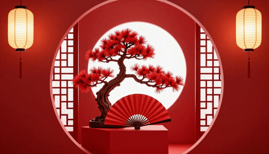 灯笼素材：喜庆中式红白灯笼与松树摄影图