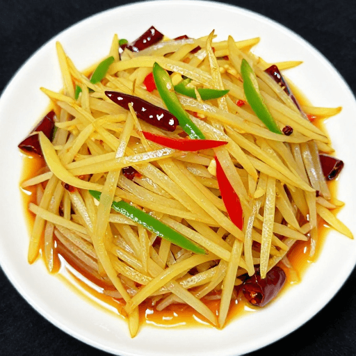 食材特写素材：金黄酸辣土豆丝：传统中式美食俯拍特写