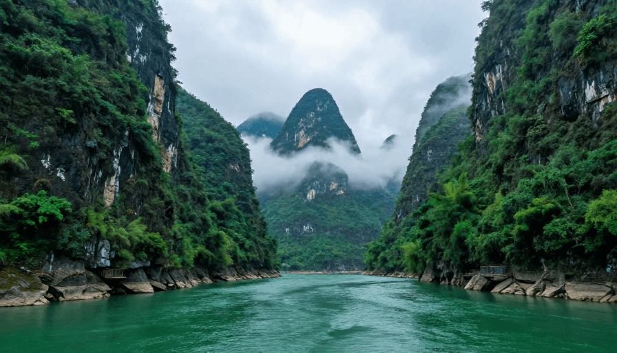 喀斯特地貌素材：漓江峡谷：静谧山峦与碧绿江水的自然画卷