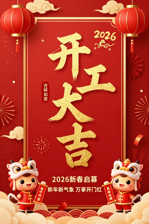 中国红素材：2026新年开工海报：红金中国风喜庆插画