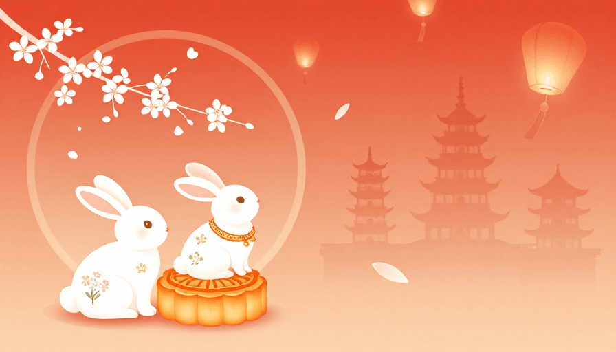新中式插画素材：新中式中秋插画：玉兔月饼与古塔的节日意境