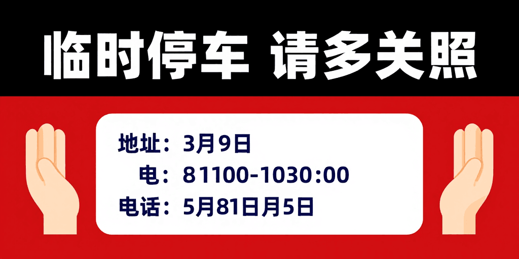 临时停车素材：高对比度卡通风临时停车友好提示牌海报