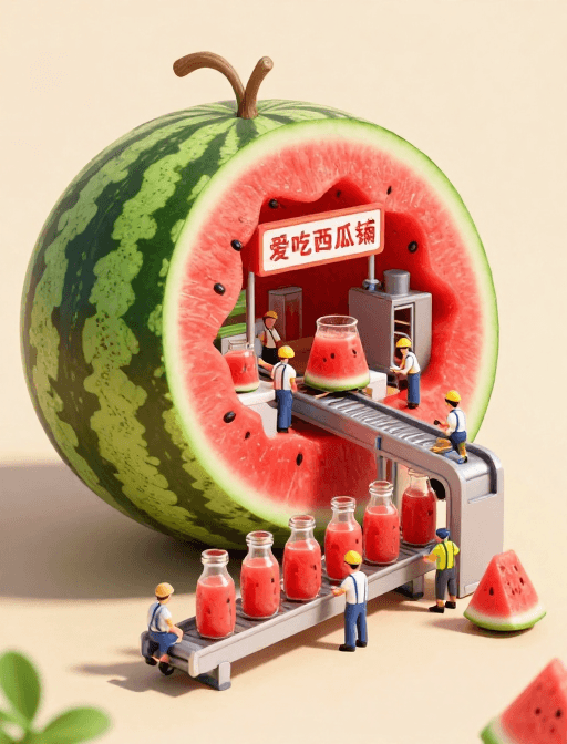 超高清细节素材：微缩西瓜厂：超细节3D卡通果汁生产线