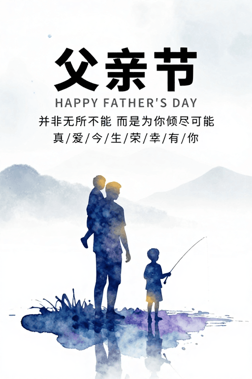 水墨水彩素材：水墨水彩交融，温情父爱·父亲节清新海报