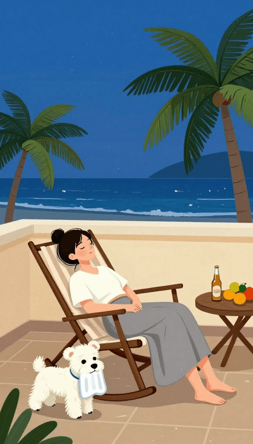 精酿啤酒素材：夏夜椰林海畔，酣睡的女孩与雪纳瑞