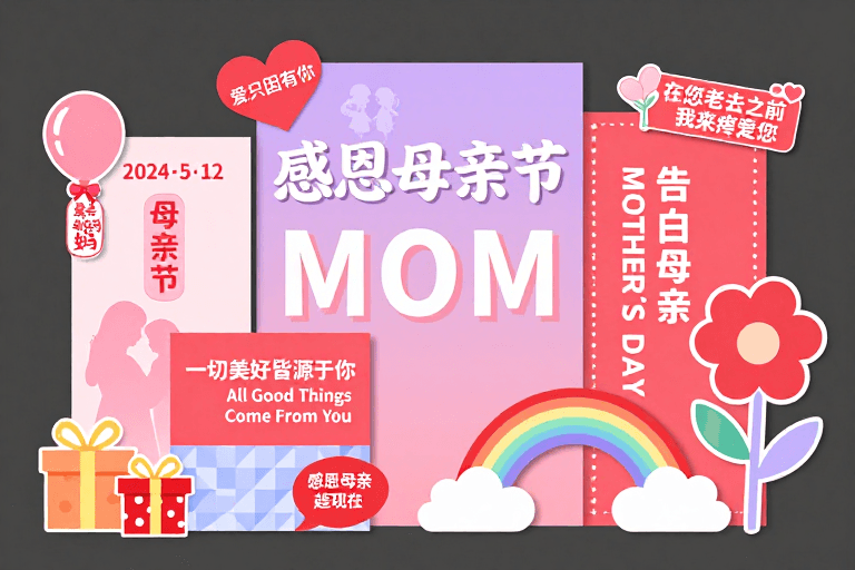 温馨插画素材：母亲节立体展板：粉紫渐变温馨感恩设计