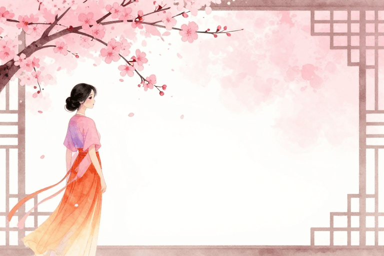 东方古典美学素材：东方意境：柔美水彩樱花少女回眸图