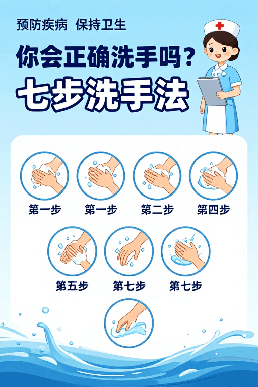 医疗科普素材：清新风格七步洗手法健康科普宣传图