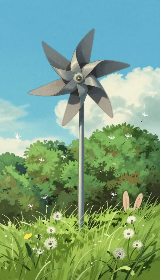 治愈系插画素材：宫崎骏治愈系：旋转风车与蒲公英的静谧童话