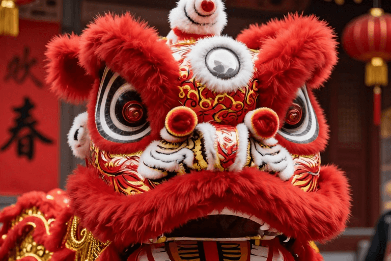 红色舞狮特写：节日庆典的视觉盛宴