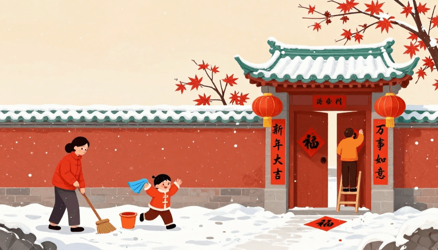 传统习俗素材：暖冬手绘春节：家人扫雪贴福，温馨年味