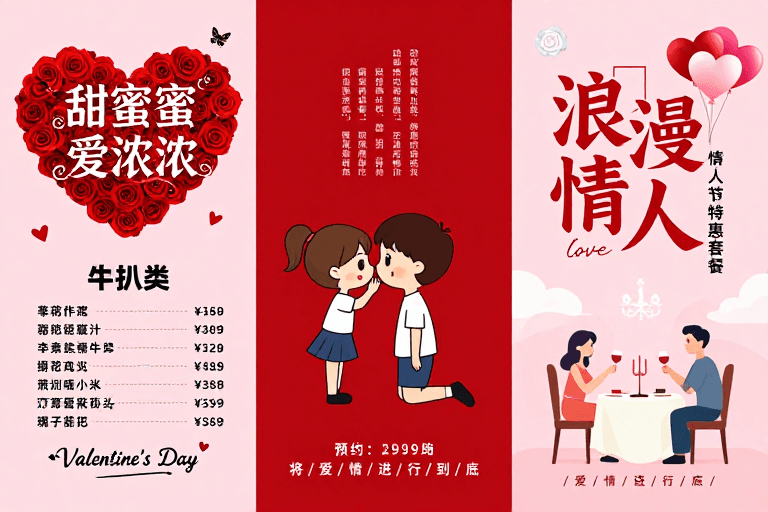 情侣插画素材：粉红浪漫西餐厅情人节宣传海报