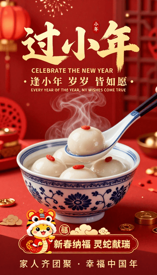 新年海报素材：红金配色中国新年小年海报艺术