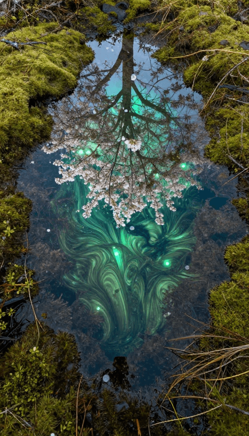 液态流动感素材：晨露苔原映樱花 翡翠绿意流淌