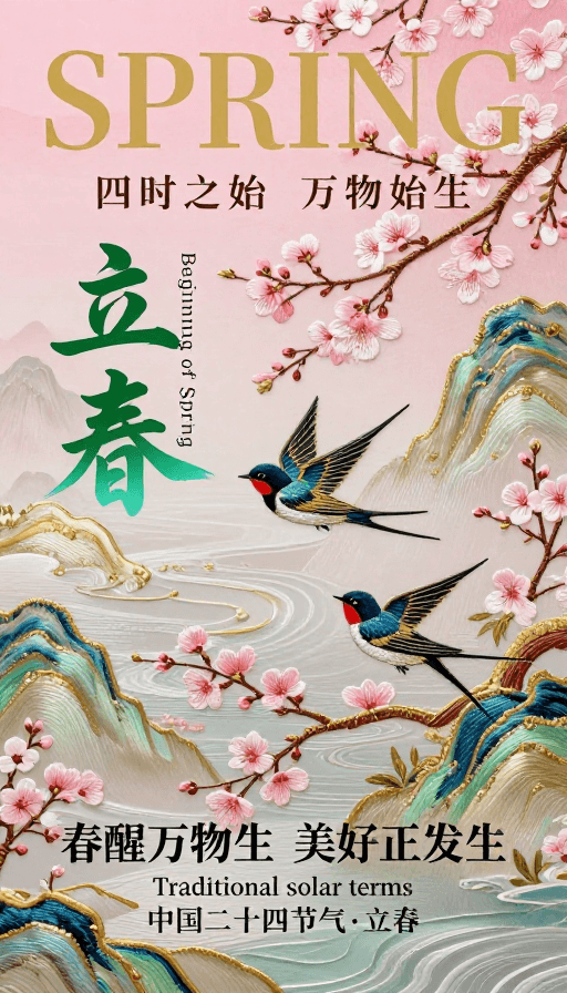 二十四节气素材：春色渐染 立春启幕：传统刺绣风节气海报