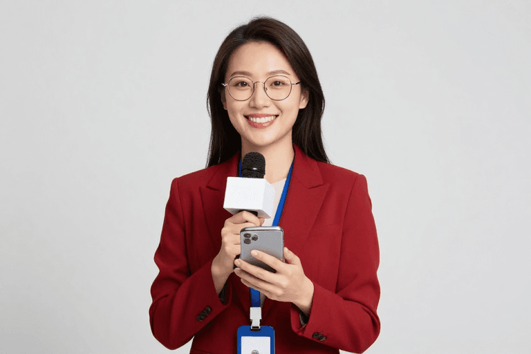 专业形象素材：亚洲女主播专业形象：红色西装与暖光摄影