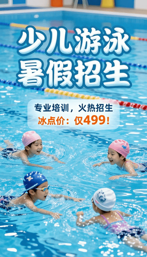 清凉色调素材：琉璃质感少儿游泳暑期班招生海报