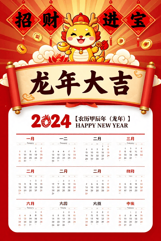 日历海报素材：2024龙年喜庆日历海报：红金配色卡通龙形象